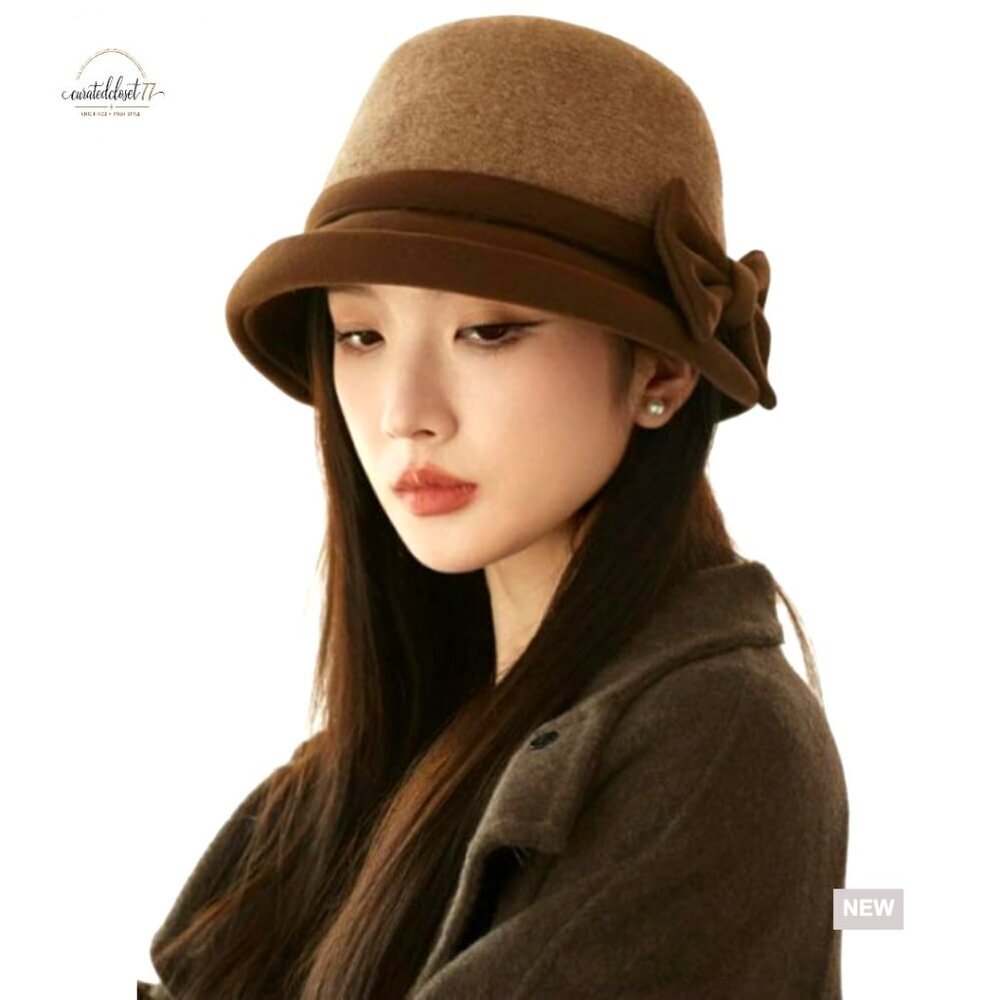 Soft Wool Fedora Hat for Women, Elegant Bow Bucket Cap, Cozy Winter Accessory
